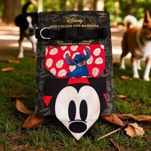 Disney Dog Collar Large 16-26" Reversible Mickey Mouse & Stitch Bandanas Buckle